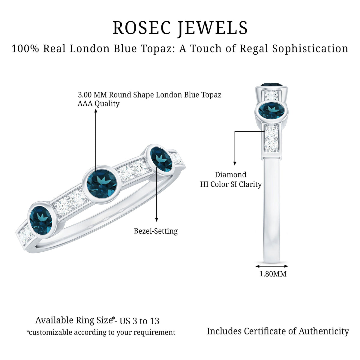 Anillo de media eternidad de topacio azul Londres engastado con bisel y diamantes