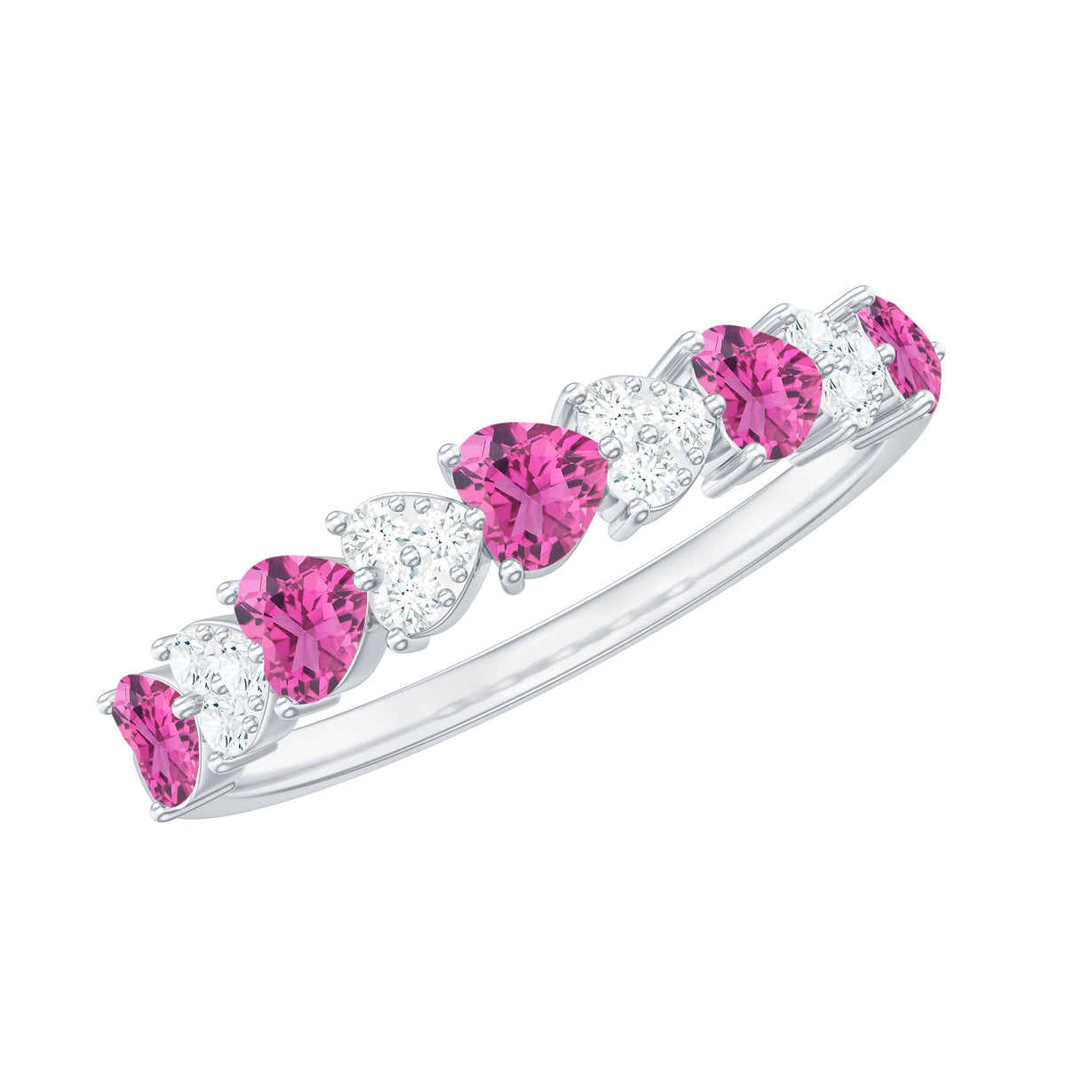 Anillo de media eternidad con forma de corazón con turmalina rosa y diamante