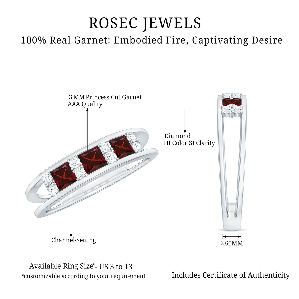 Natural Princess Cut Garnet Diamond Wedding Band