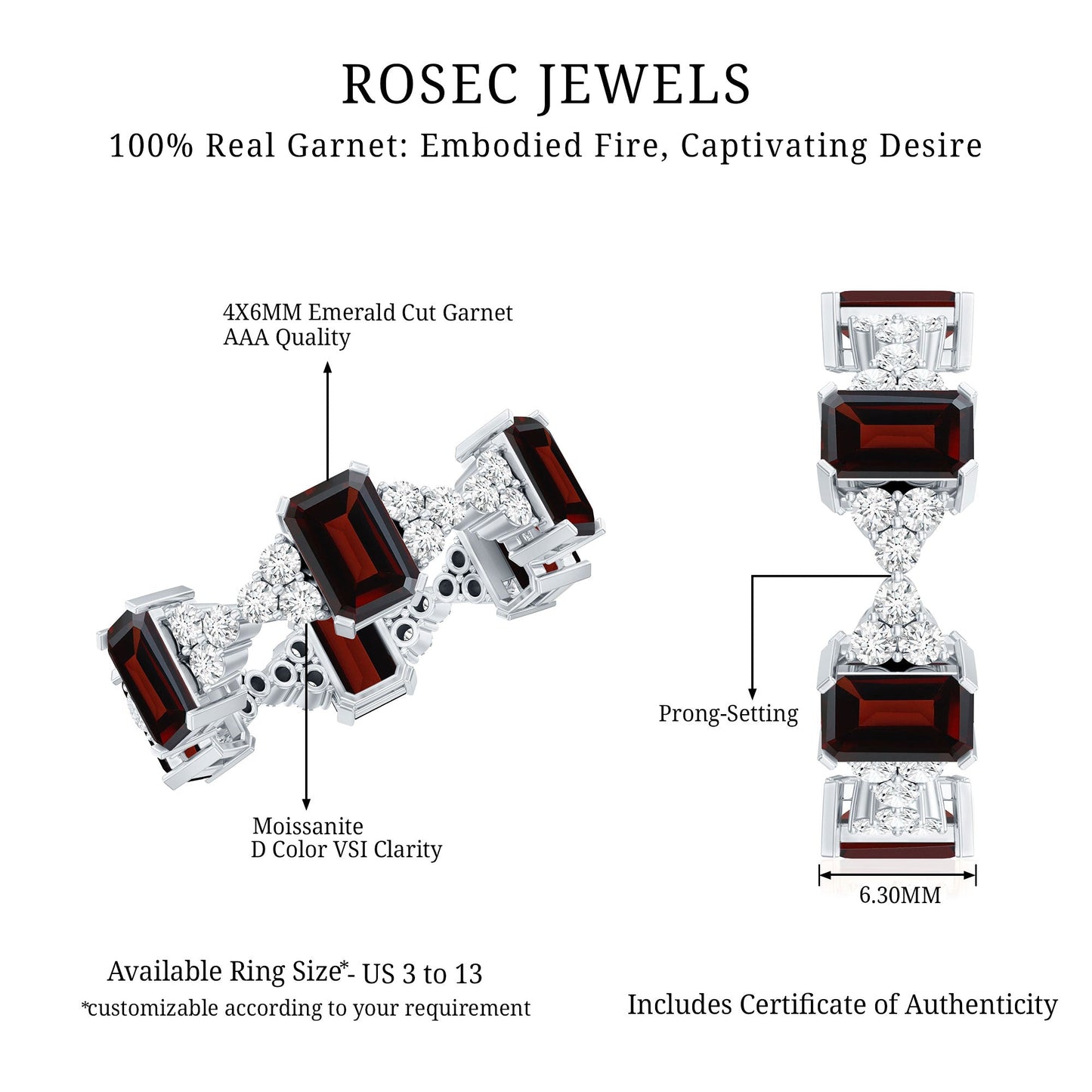 Art Deco Emerald Cut Garnet Eternity Band Ring with Moissanite