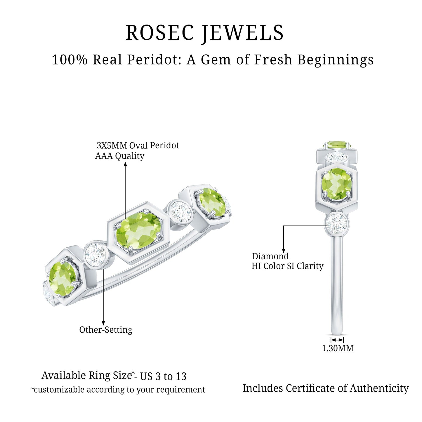 Anillo de medio engaste de eternidad de peridoto ovalado natural y diamantes para mujer