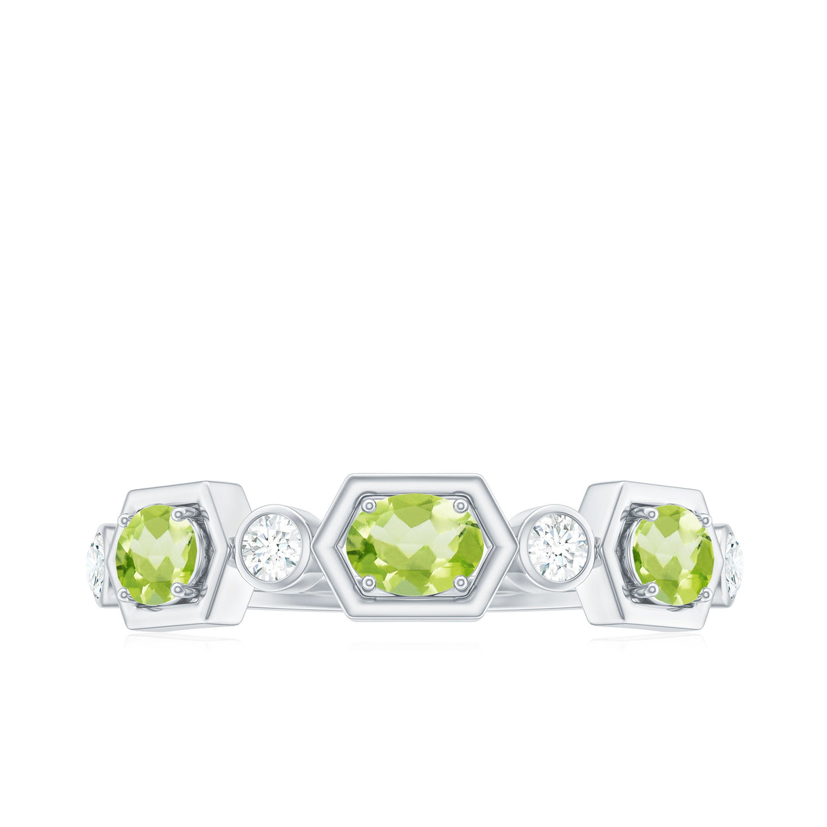 Anillo de medio engaste de eternidad de peridoto ovalado natural y diamantes para mujer