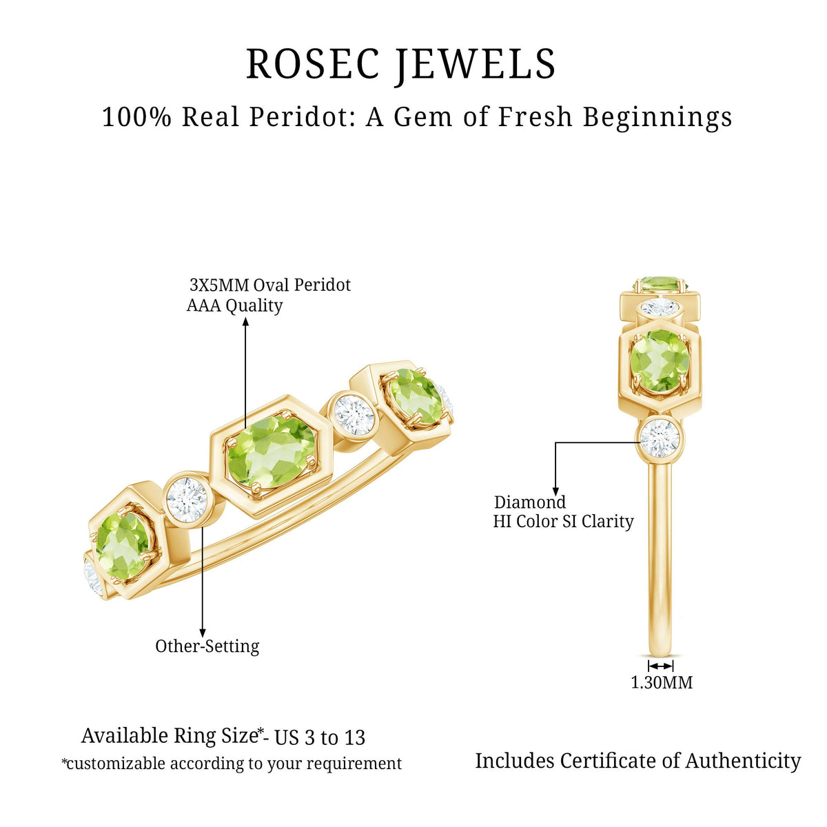 Anillo de medio engaste de eternidad de peridoto ovalado natural y diamantes para mujer