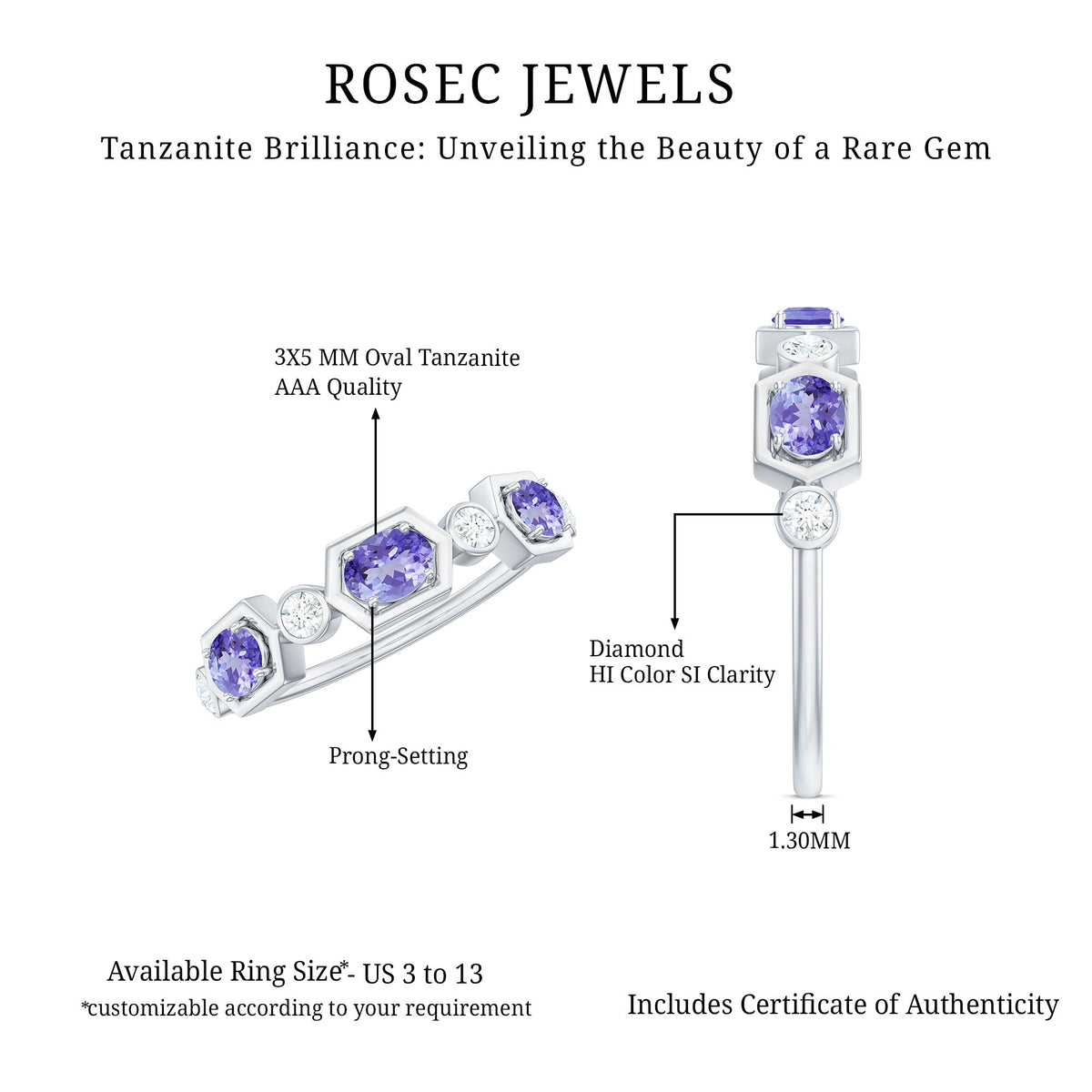 Real Tanzanite and Diamond Half Eternity Ring