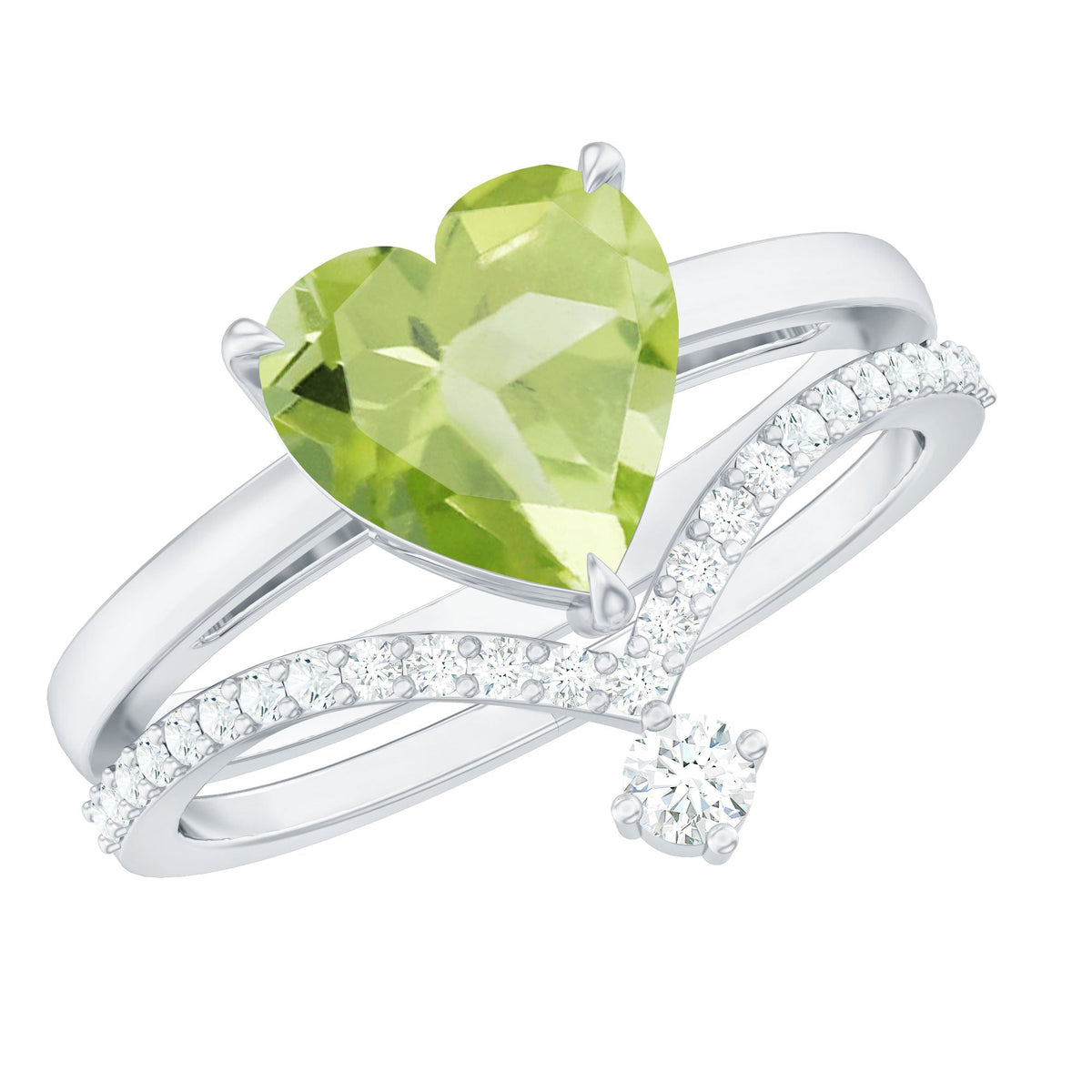 Anillo de compromiso de peridoto natural de 2 quilates con forma de corazón con realzador de diamantes