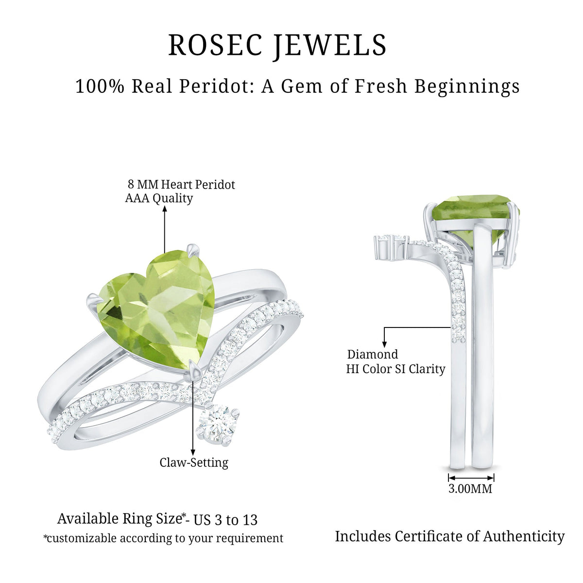 Anillo de compromiso de peridoto natural de 2 quilates con forma de corazón con realzador de diamantes