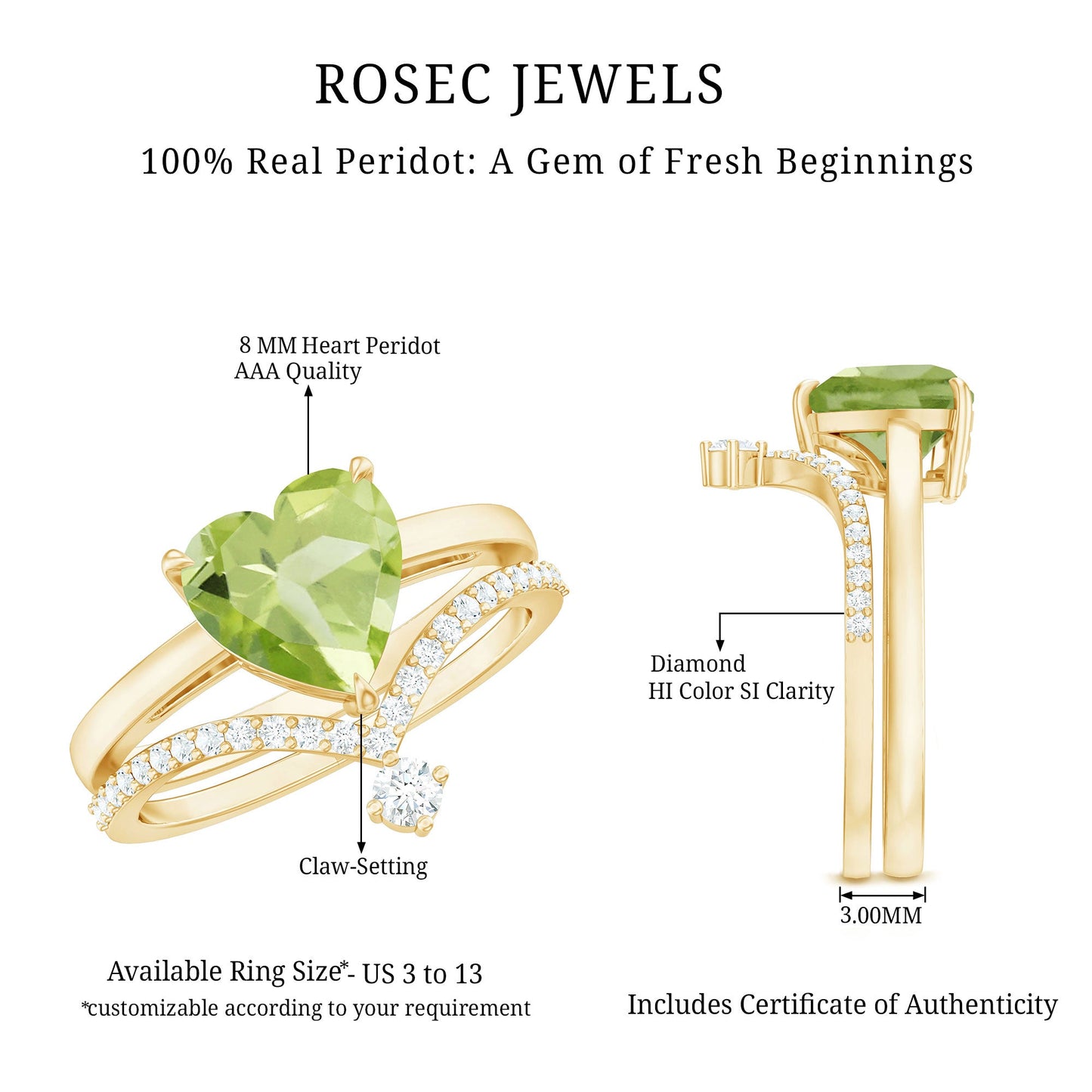 Anillo de compromiso de peridoto natural de 2 quilates con forma de corazón con realzador de diamantes