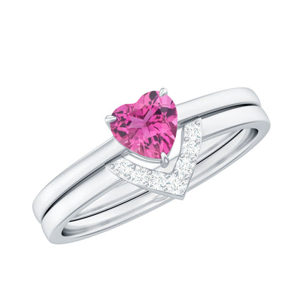 Pink Tourmaline Heart Ring Set with Diamond
