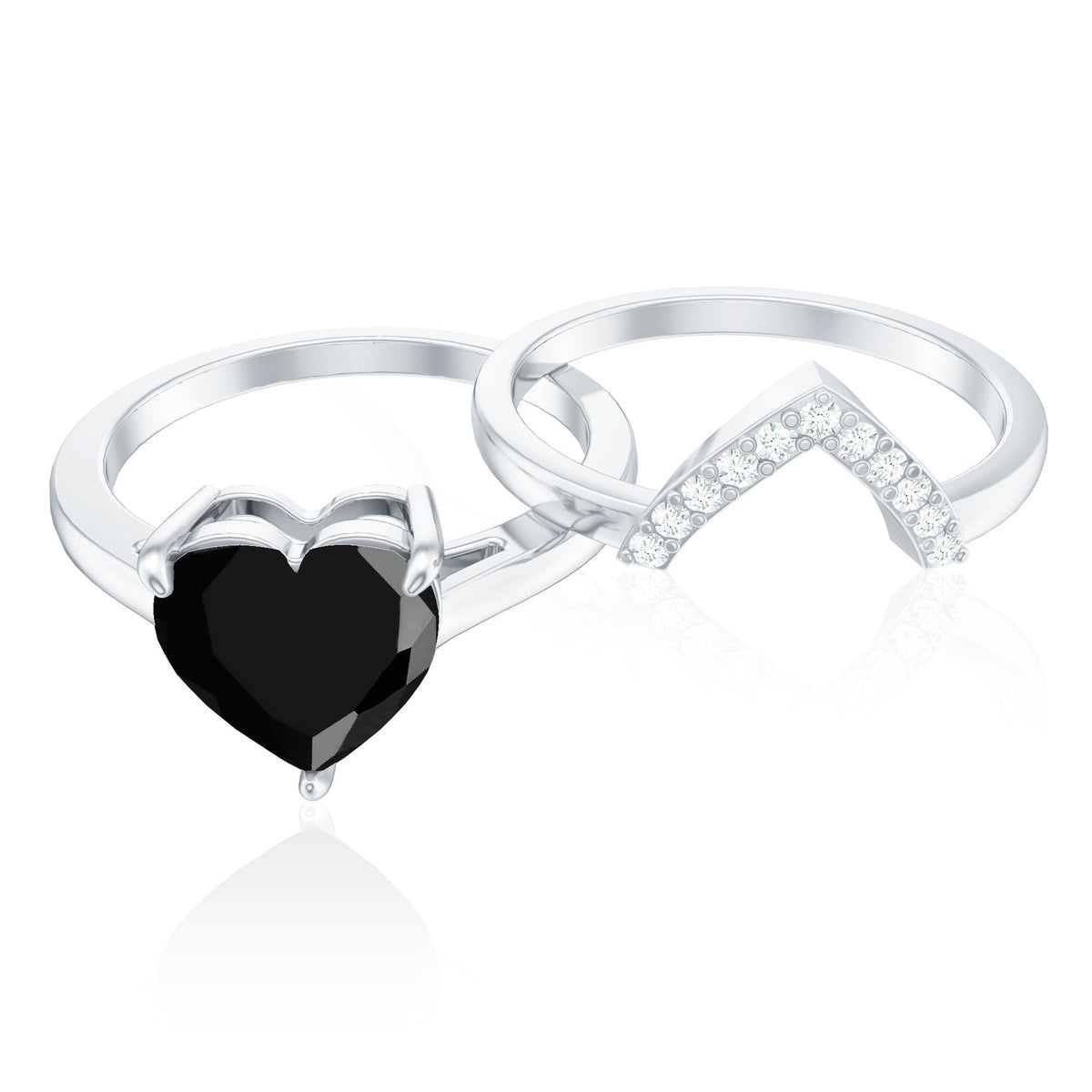 Natural Black Spinel Diamond 2 Carat Heart Engagement and Wedding Ring Set of 2