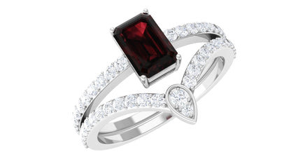 Real 0.7 Carat Garnet Diamond Emerald Cut Wedding Bridal Ring Set of 2