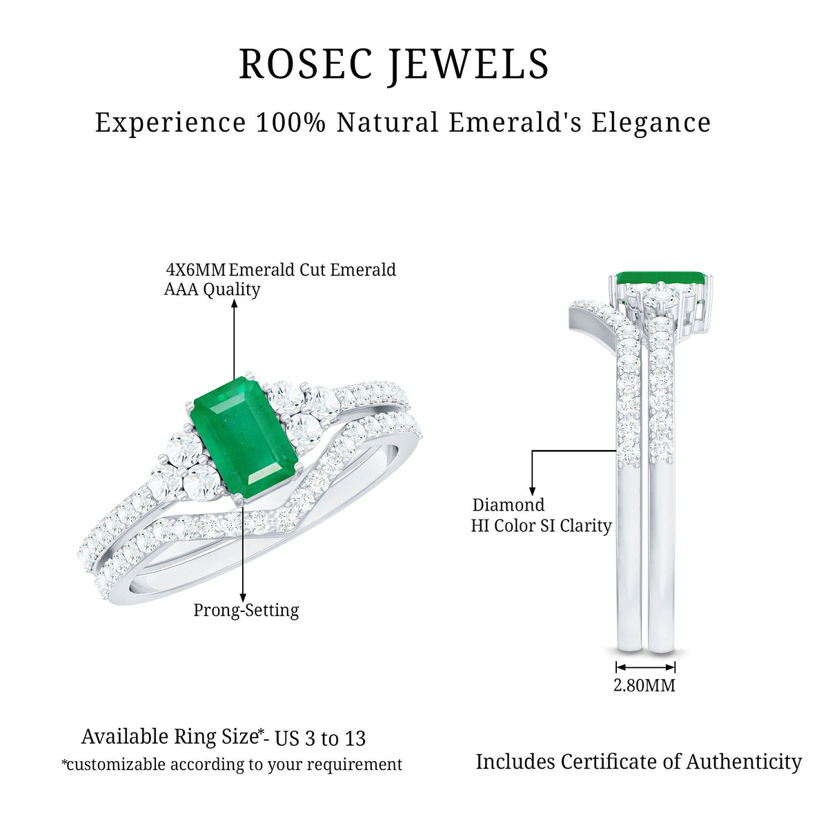 Genuine 0.6 Carat Emerald Cut Emerald Diamond Bridal Ring Set of 2
