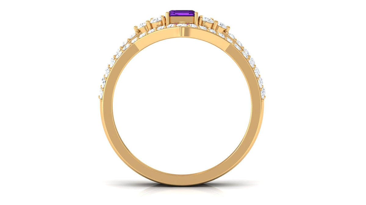 Genuine 1.4 Carat Emerald Cut Amethyst Wedding Ring Set with Diamond