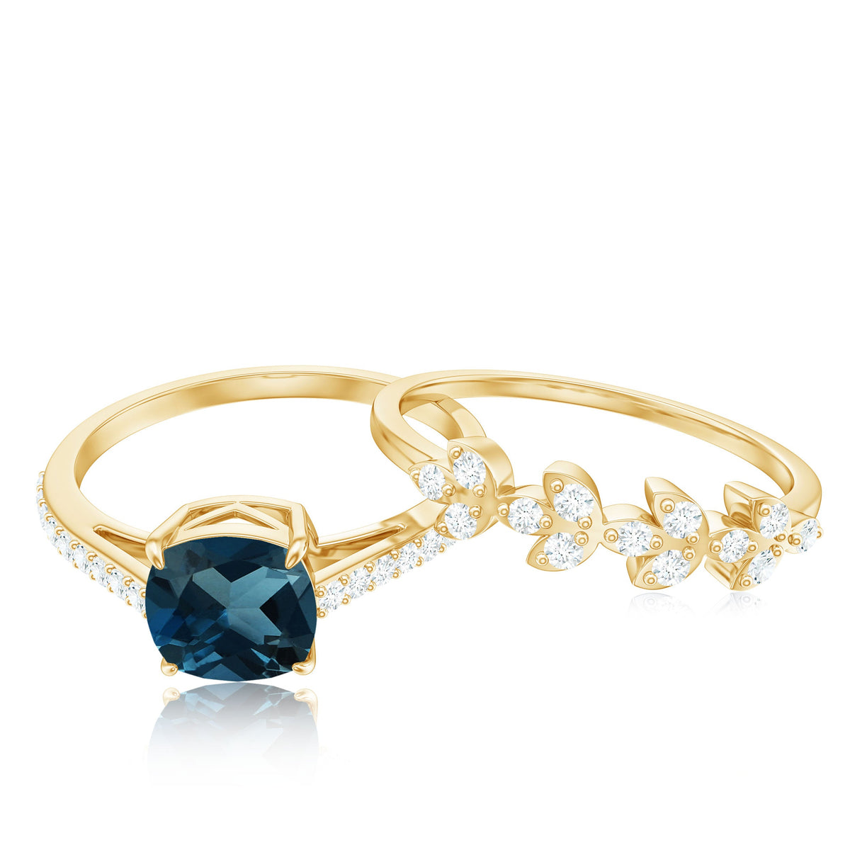 2.8 Carat Cushion Cut London Blue Topaz and Diamond Engagement Ring with Wedding Band