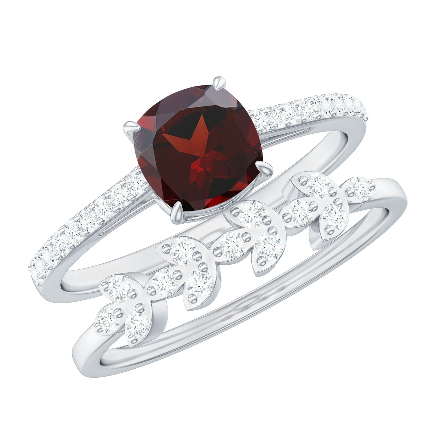 Juego de 2 anillos de boda nupciales de granate y diamante natural con corte de cojín de 3.2 quilates