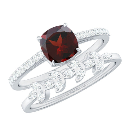 Juego de 2 anillos de boda nupciales de granate y diamante natural con corte de cojín de 3.2 quilates