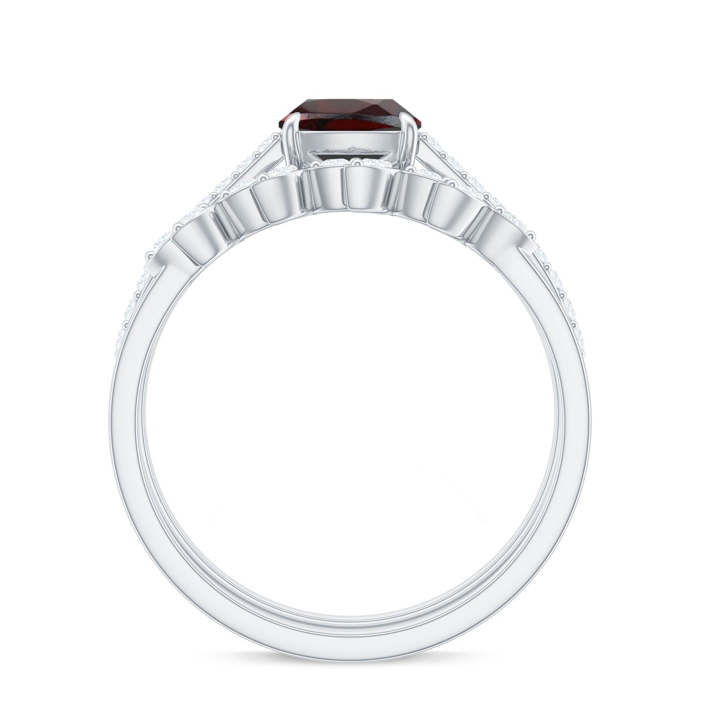 Juego de 2 anillos de boda nupciales de granate y diamante natural con corte de cojín de 3.2 quilates