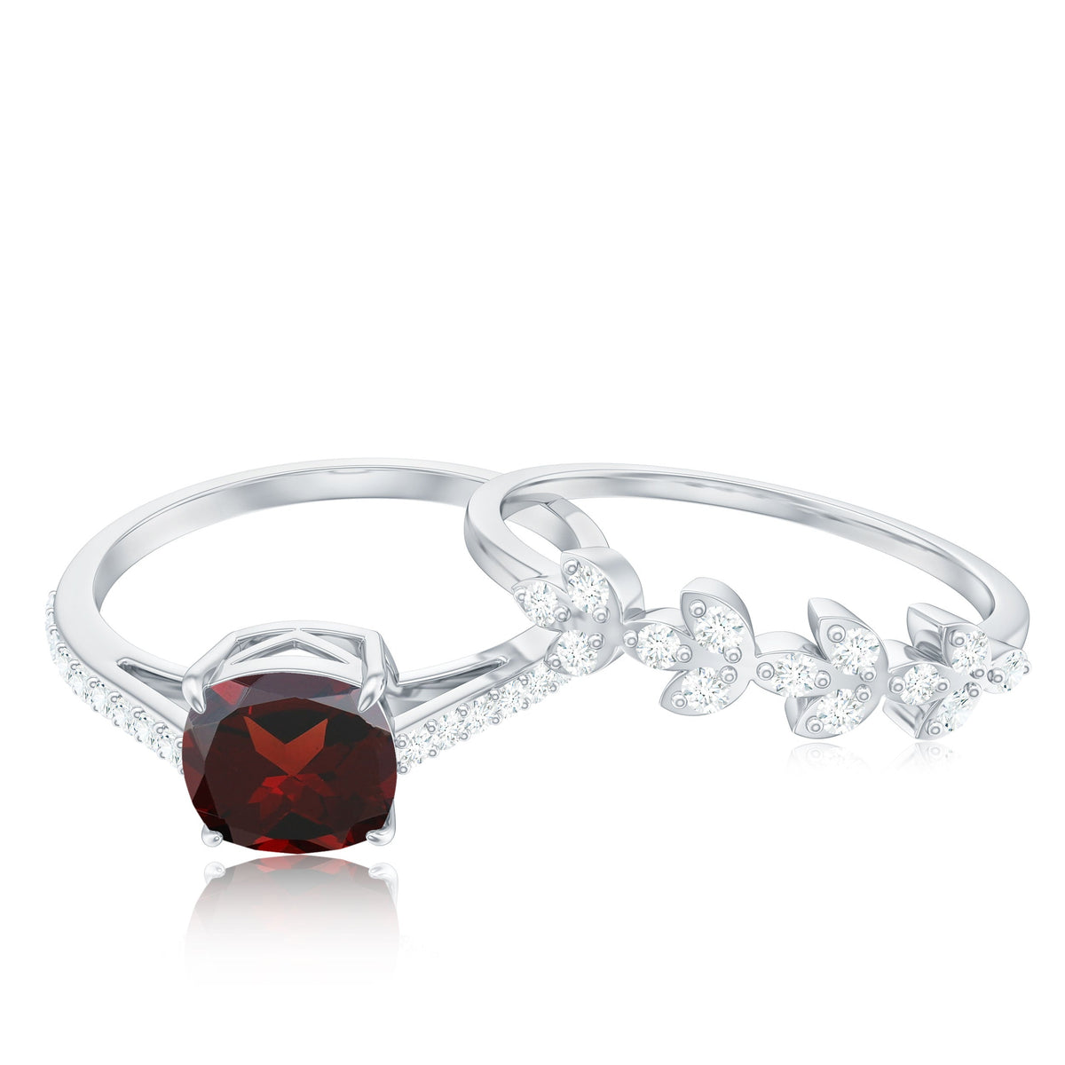 Juego de 2 anillos de boda nupciales de granate y diamante natural con corte de cojín de 3.2 quilates
