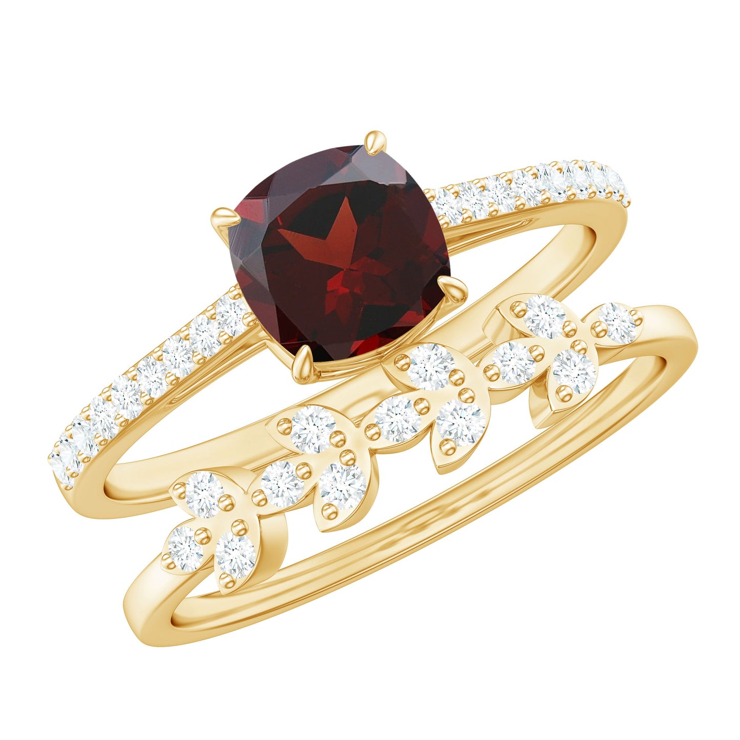 Juego de 2 anillos de boda nupciales de granate y diamante natural con corte de cojín de 3.2 quilates