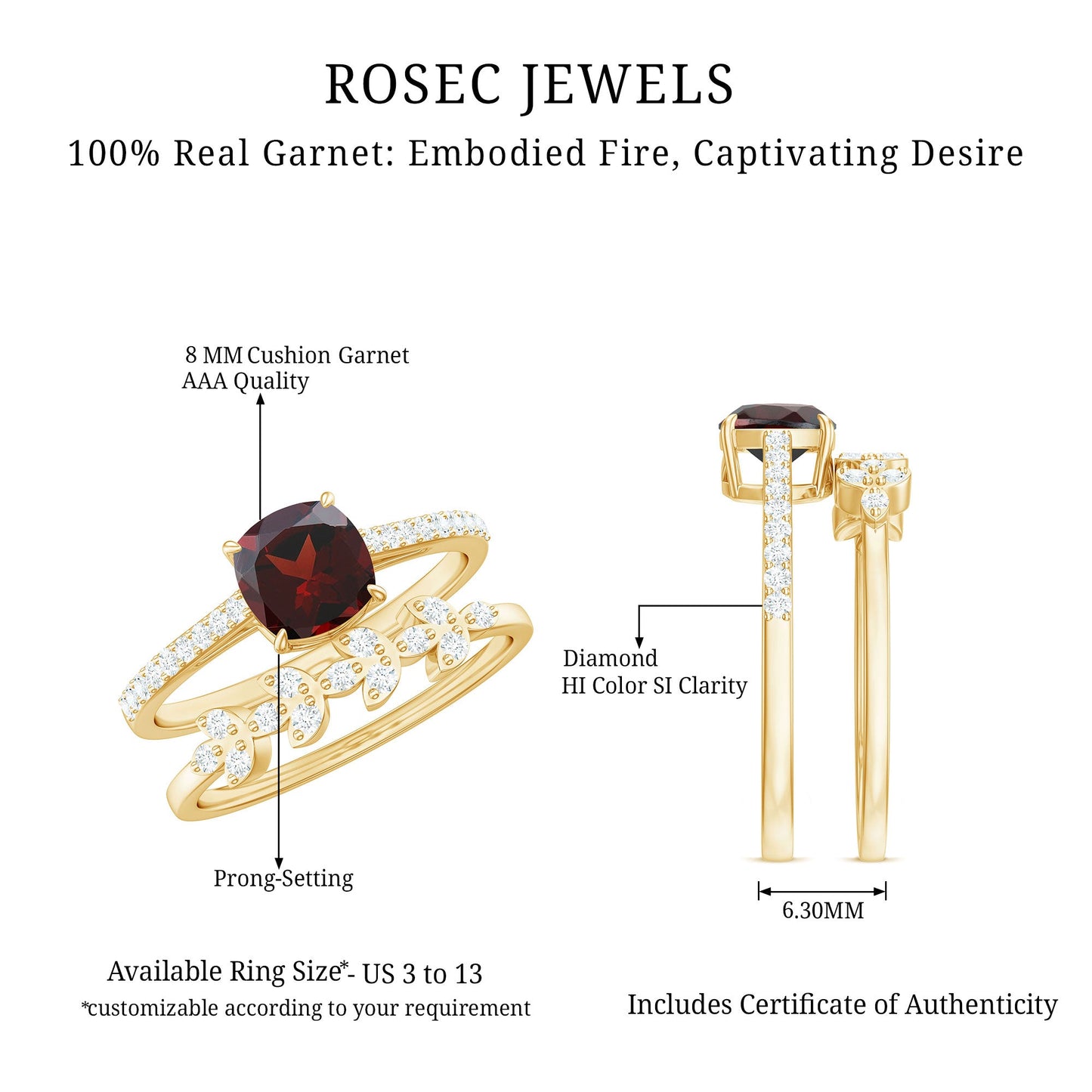 Juego de 2 anillos de boda nupciales de granate y diamante natural con corte de cojín de 3.2 quilates