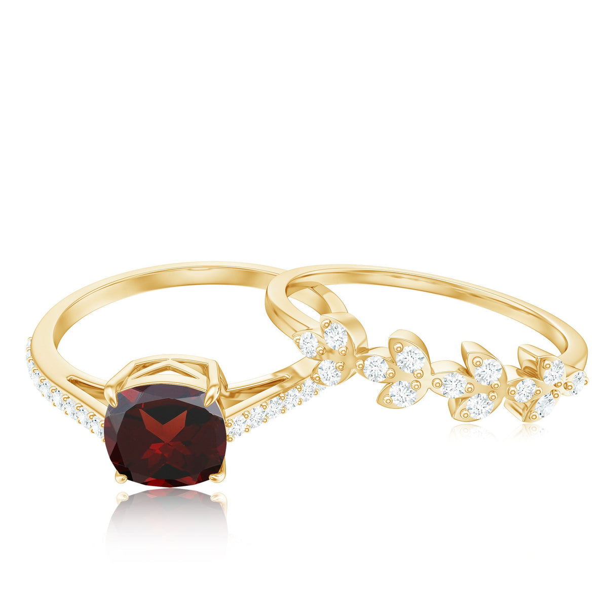 Juego de 2 anillos de boda nupciales de granate y diamante natural con corte de cojín de 3.2 quilates