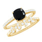 Cushion Cut Black Onyx and Diamond Engagement Ring with Leaf Wedding Band