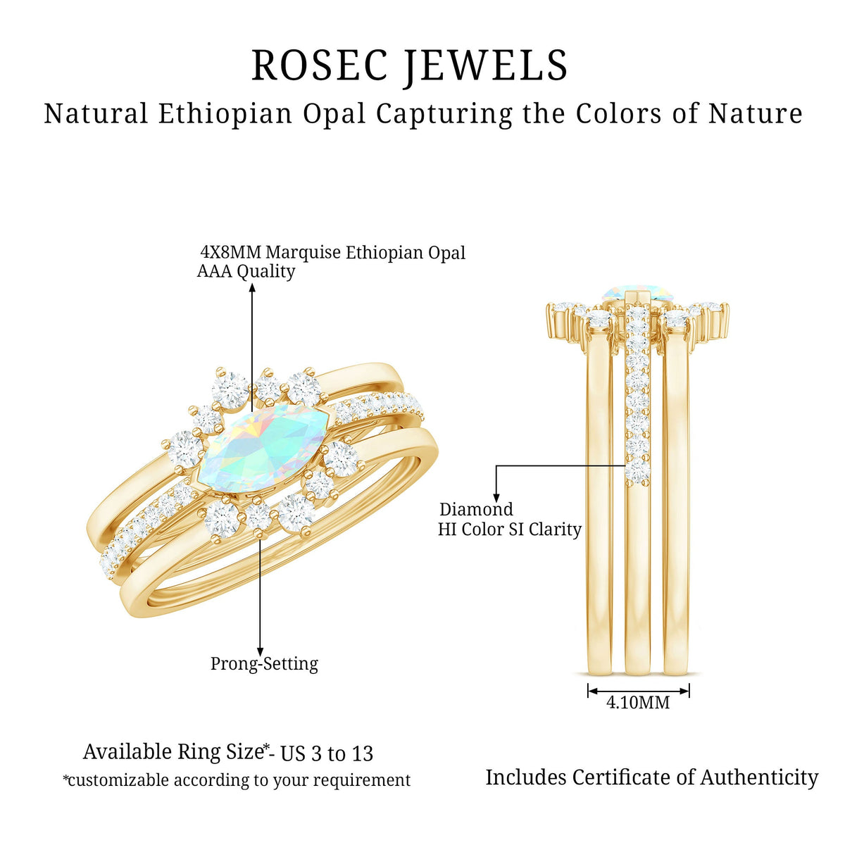 Certified Real Ethiopian Opal Diamond Wedding Bridal Ring Set of 3