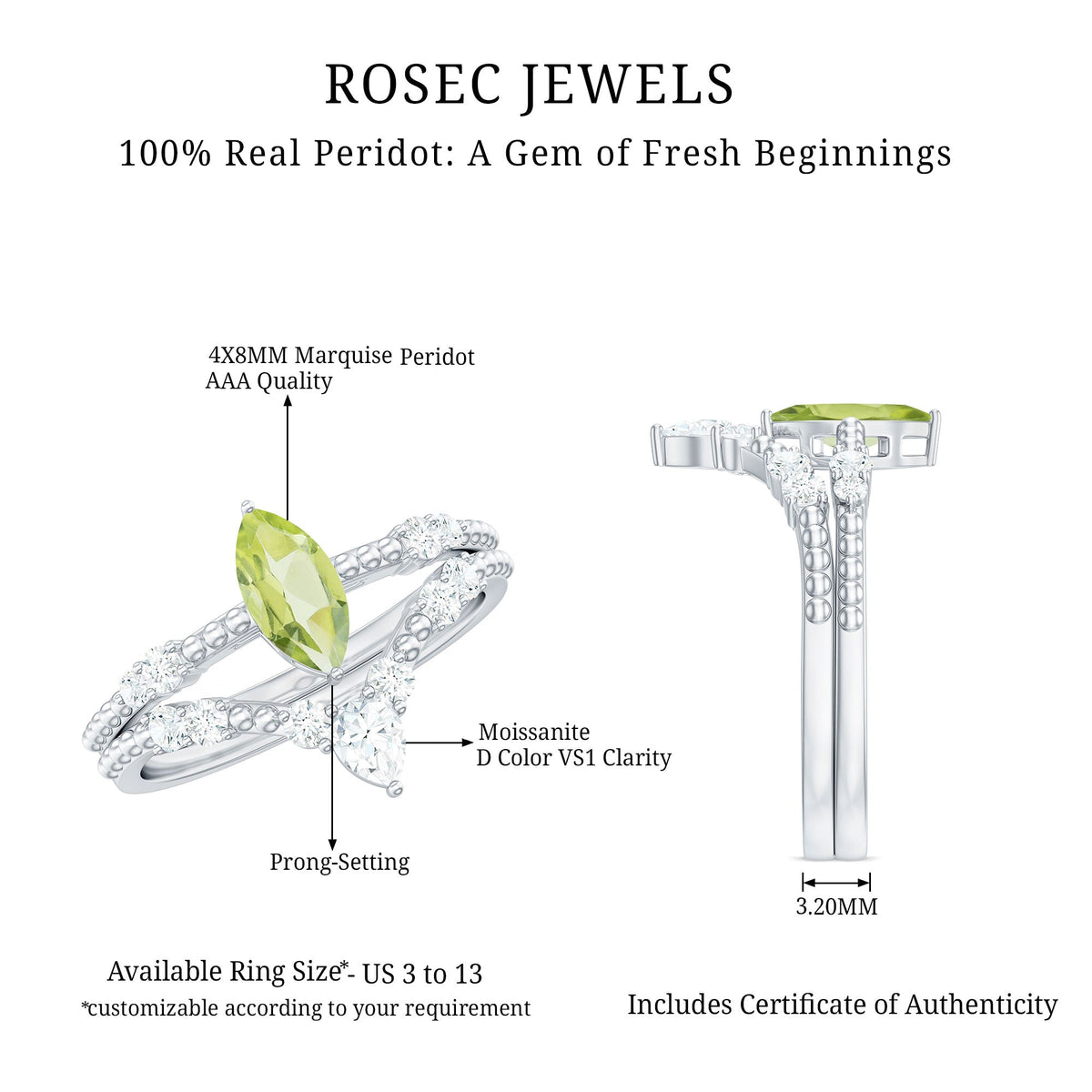 Natural Peridot Marquise Engagement Ring With Wedding Band
