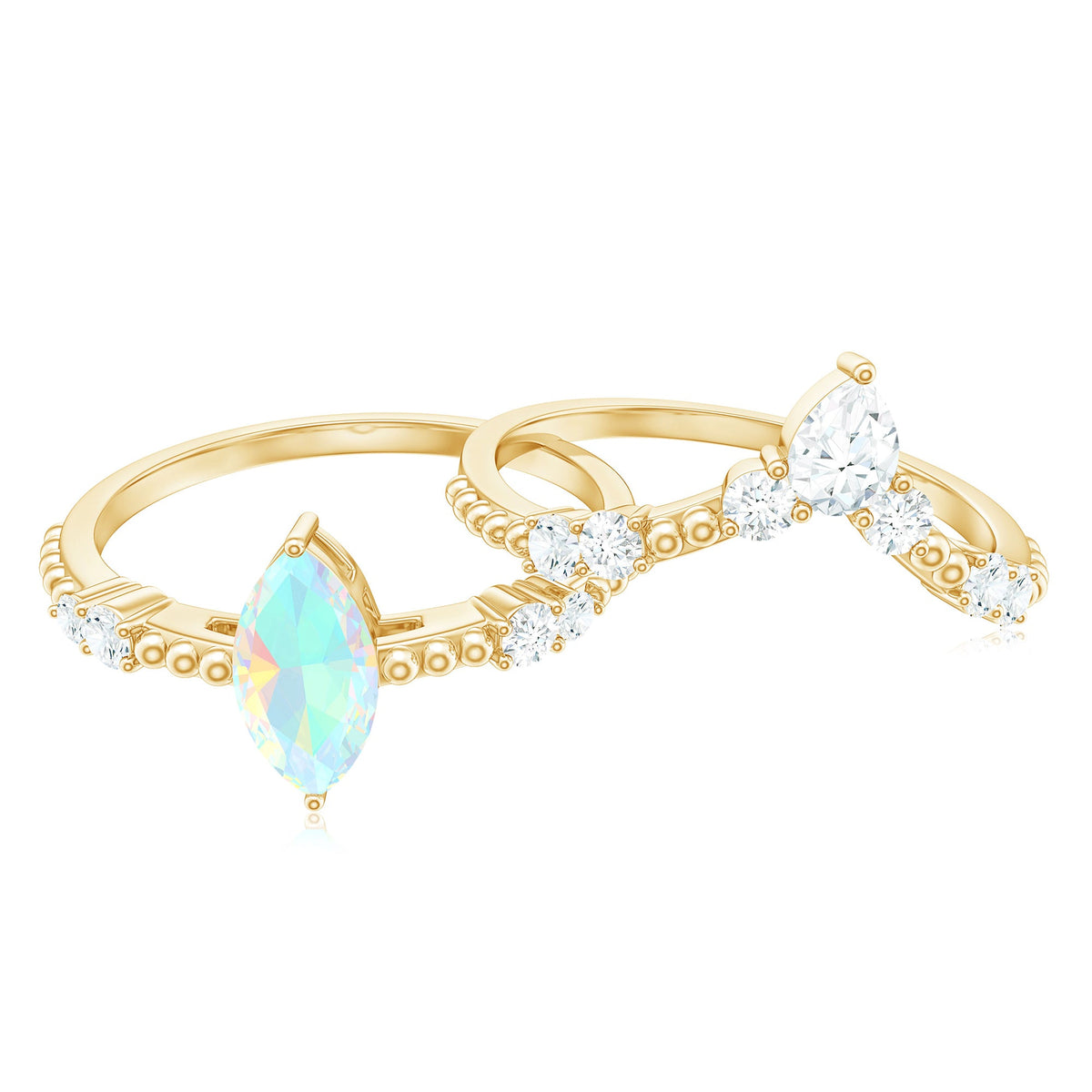 Certified 0.5 Carat Real Ethiopian Opal Marquise Engagement Wedding Ring Set of 2