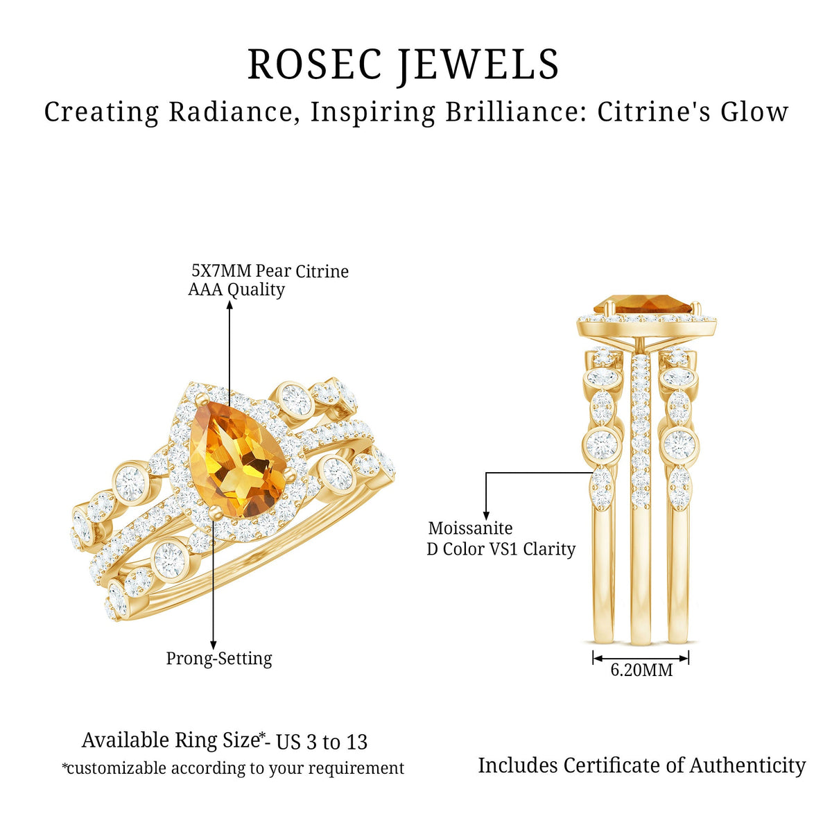 Pear Cut Citrine Bridal Trio Ring Set with Moissanite Band