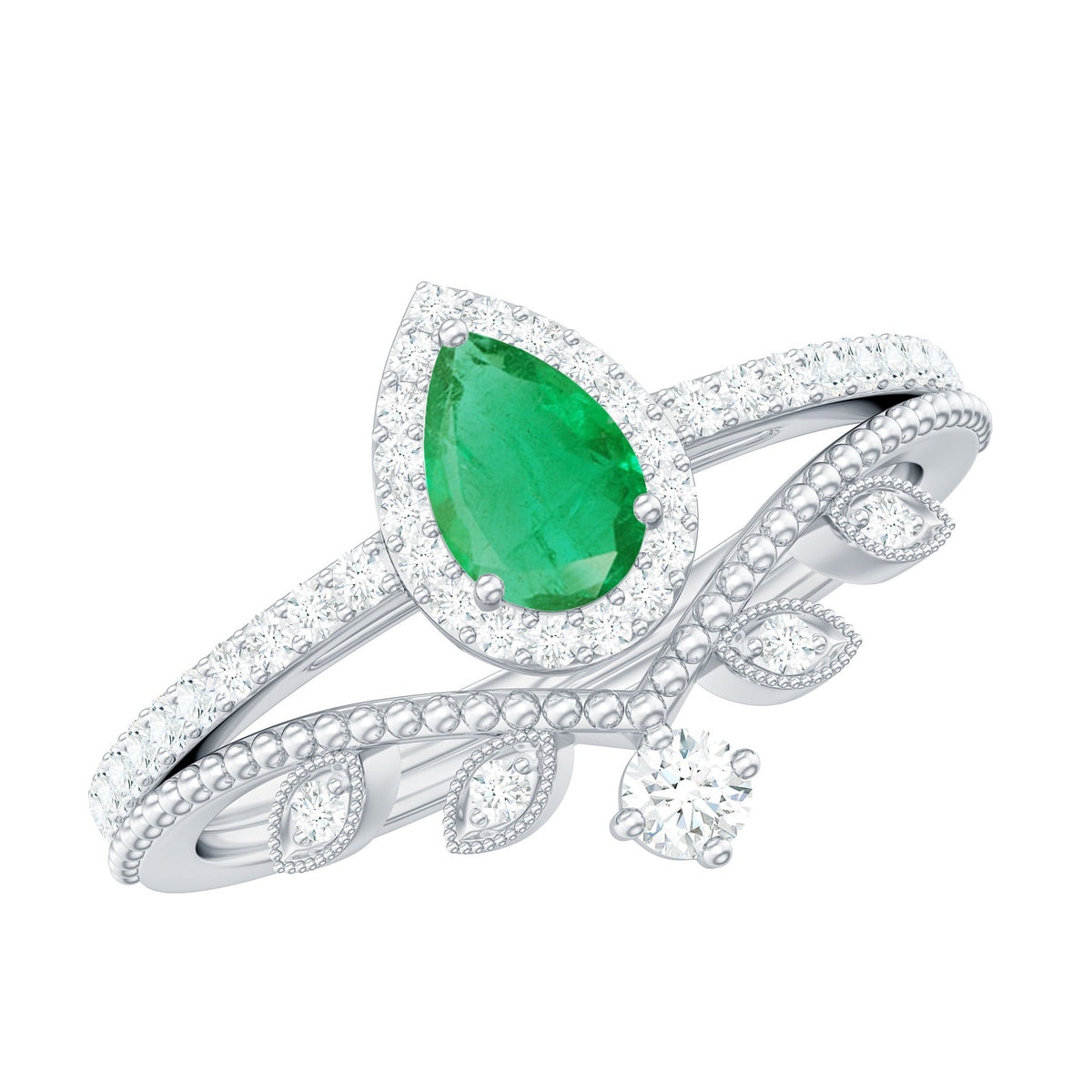 Vintage Looking Emerald Diamond Designer Engagement Wedding Ring Set