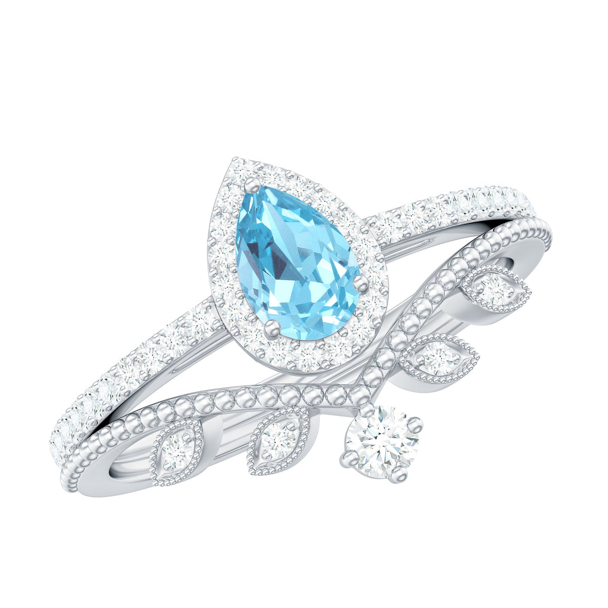 Anillo de Boda con Aguamarina y Diamantes en Forma de Lágrima de Aspecto Vintage para Mujer