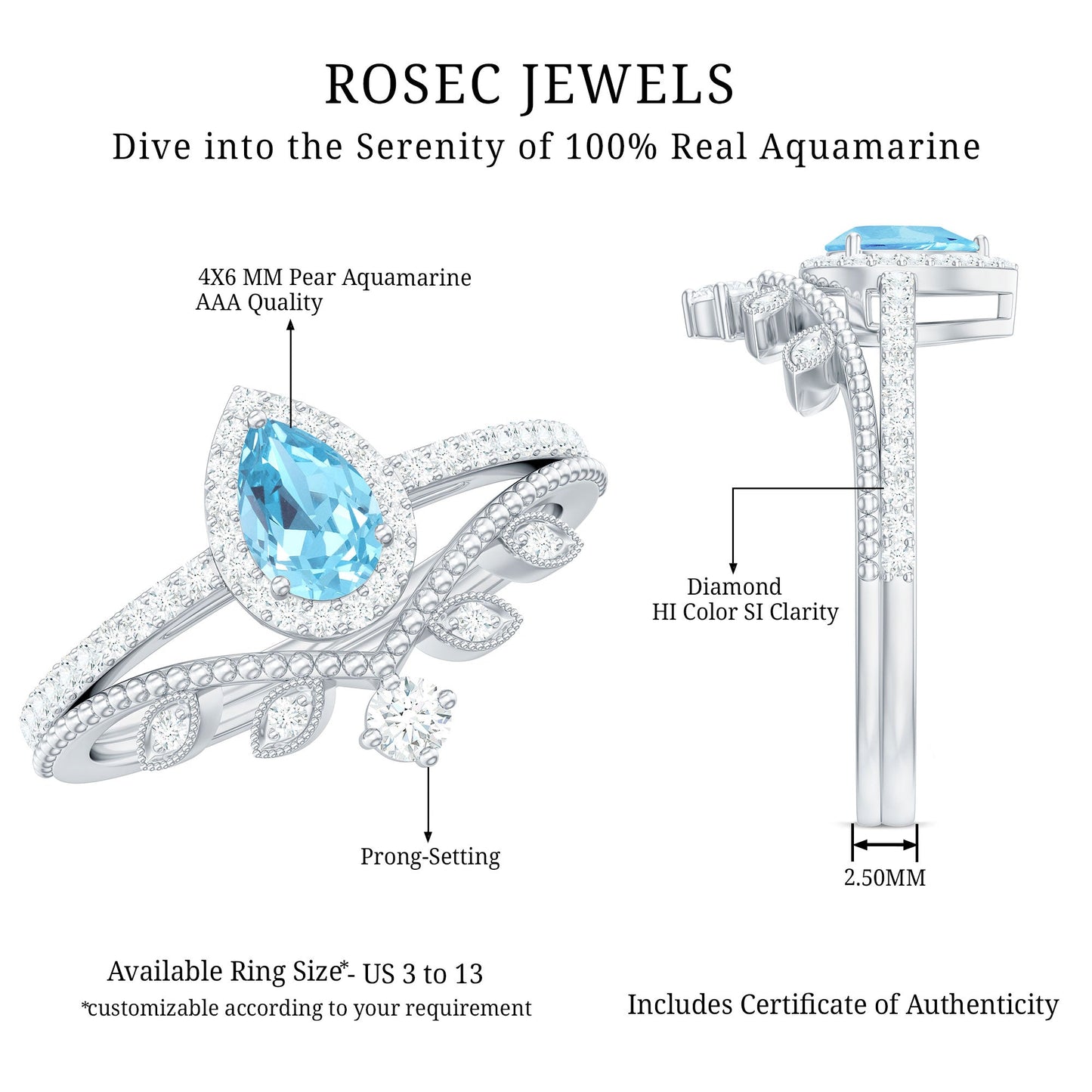 Anillo de Boda con Aguamarina y Diamantes en Forma de Lágrima de Aspecto Vintage para Mujer