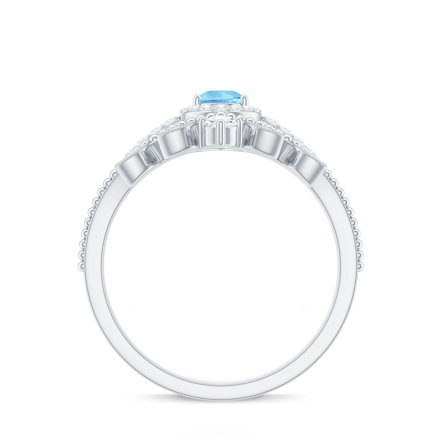 Anillo de Boda con Aguamarina y Diamantes en Forma de Lágrima de Aspecto Vintage para Mujer