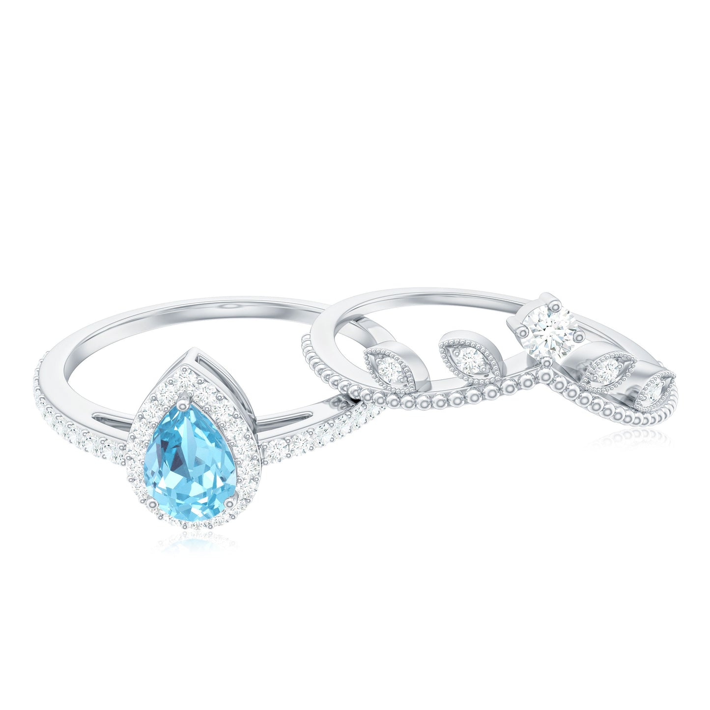 Anillo de Boda con Aguamarina y Diamantes en Forma de Lágrima de Aspecto Vintage para Mujer
