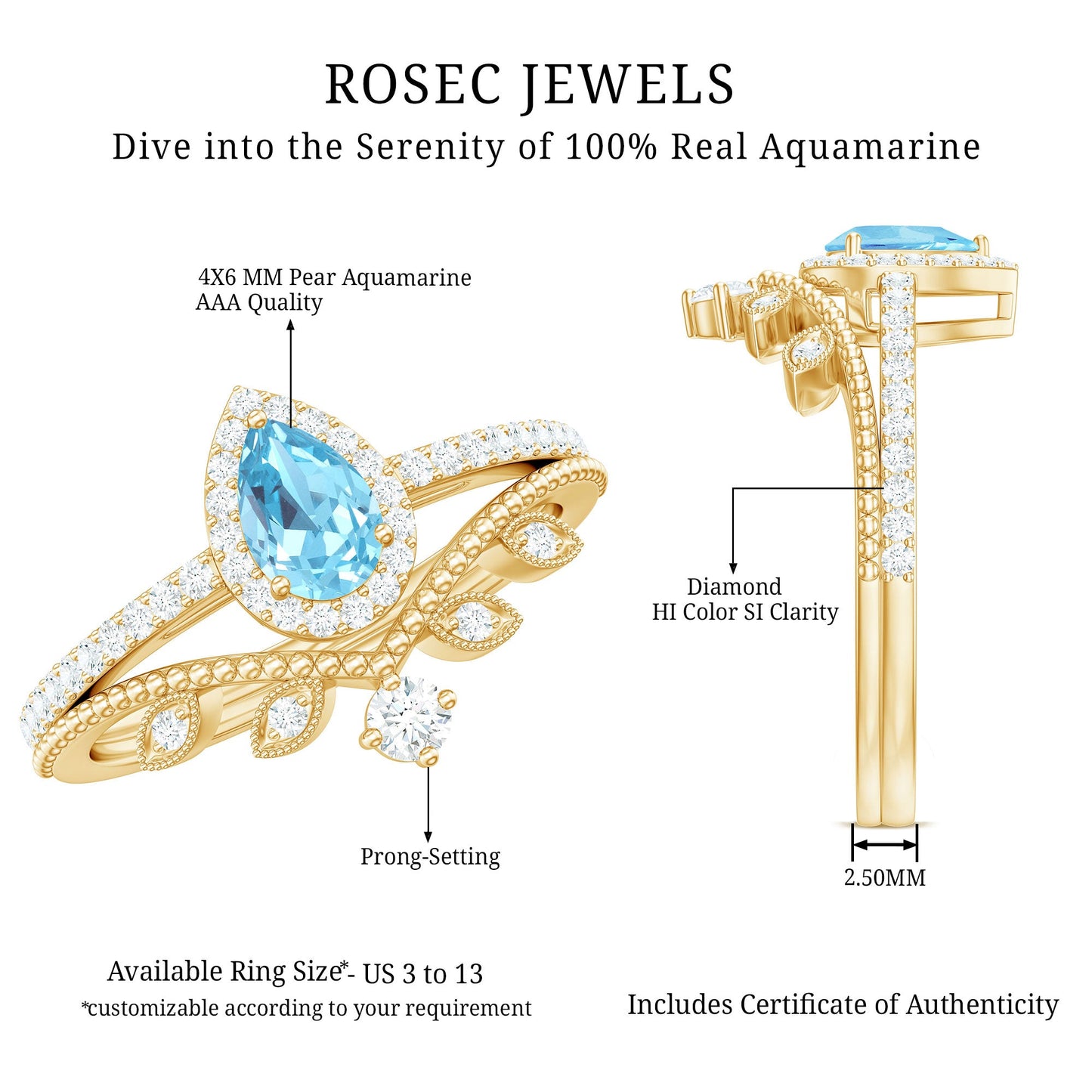 Anillo de Boda con Aguamarina y Diamantes en Forma de Lágrima de Aspecto Vintage para Mujer