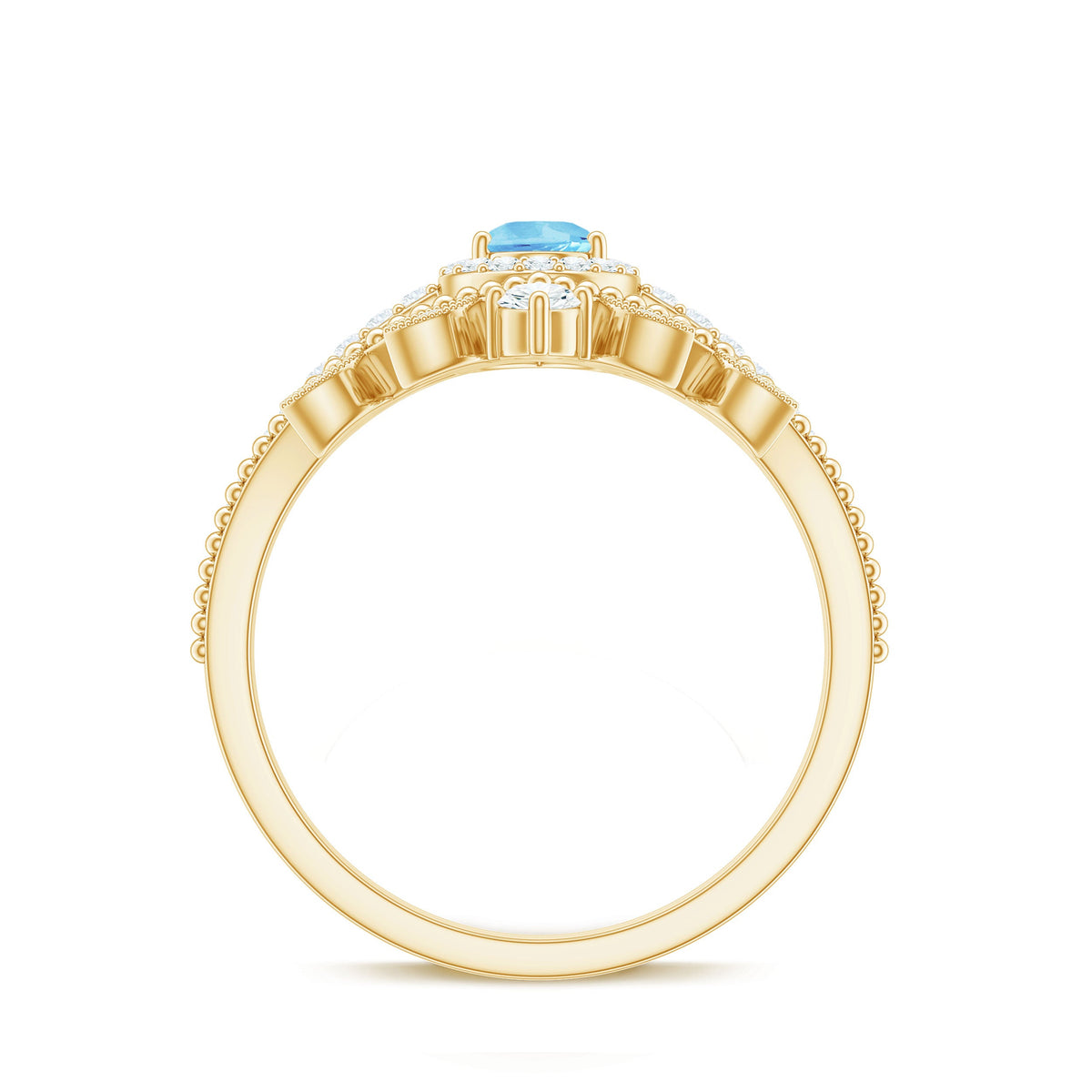 Anillo de Boda con Aguamarina y Diamantes en Forma de Lágrima de Aspecto Vintage para Mujer