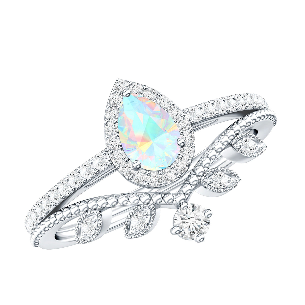 Juego de anillos de boda de diseñador con diamantes y ópalos etíopes de inspiración vintage
