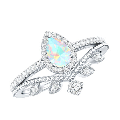 Juego de anillos de boda de diseñador con diamantes y ópalos etíopes de inspiración vintage