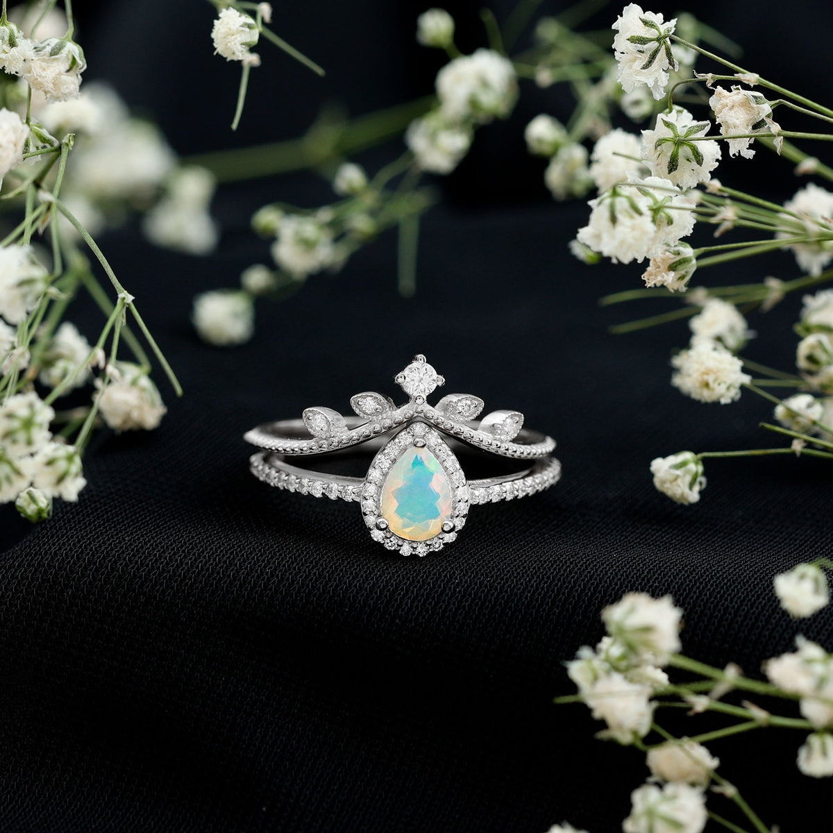 Juego de anillos de boda de diseñador con diamantes y ópalos etíopes de inspiración vintage