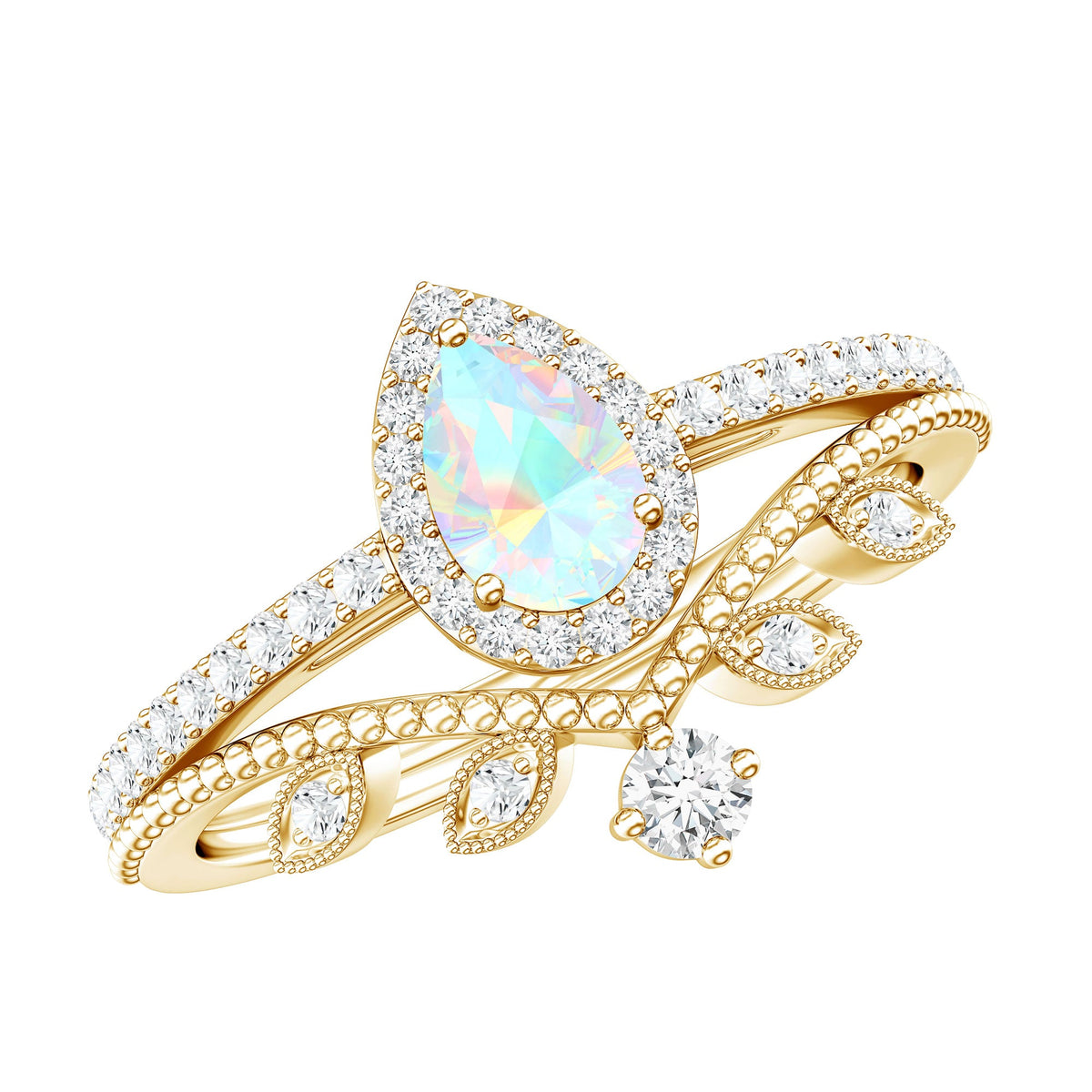Juego de anillos de boda de diseñador con diamantes y ópalos etíopes de inspiración vintage