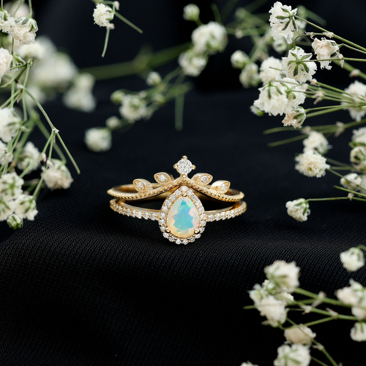 Juego de anillos de boda de diseñador con diamantes y ópalos etíopes de inspiración vintage