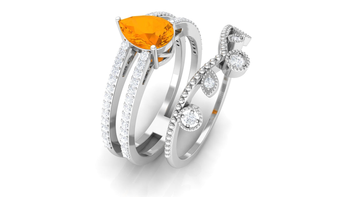 Pear Cut Fire Opal and Diamond Vintage Engagement Ring with Wedding Band Set