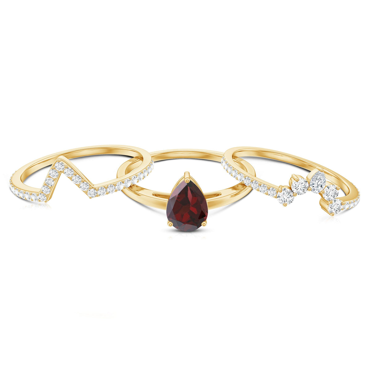 Natural 0.8 Carat Pear Shaped Garnet Diamond 3 Piece Bridal Ring Set