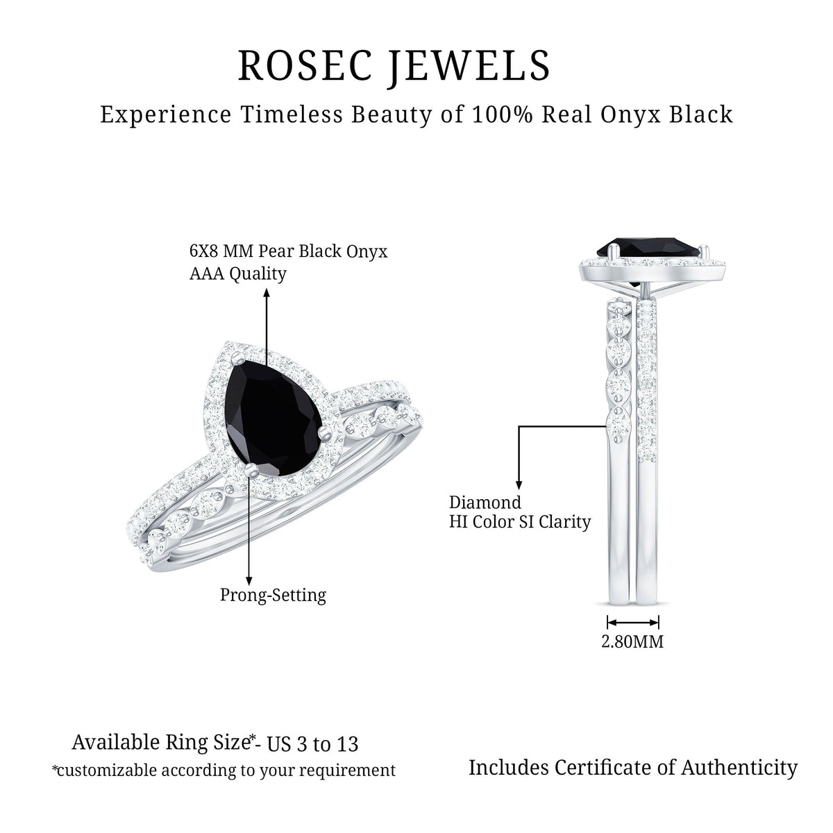Pear Shaped Black Onyx and Diamond Halo Bridal Ring Set With Certificate