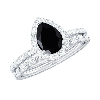 Natural 0.6 Carat Pear Shape Black Spinel Diamond Wedding Engagement Ring Set of 2