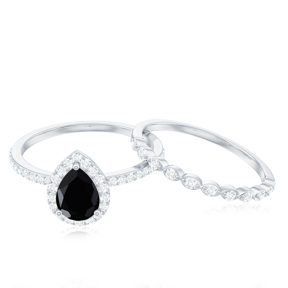 Natural 0.6 Carat Pear Shape Black Spinel Diamond Wedding Engagement Ring Set of 2