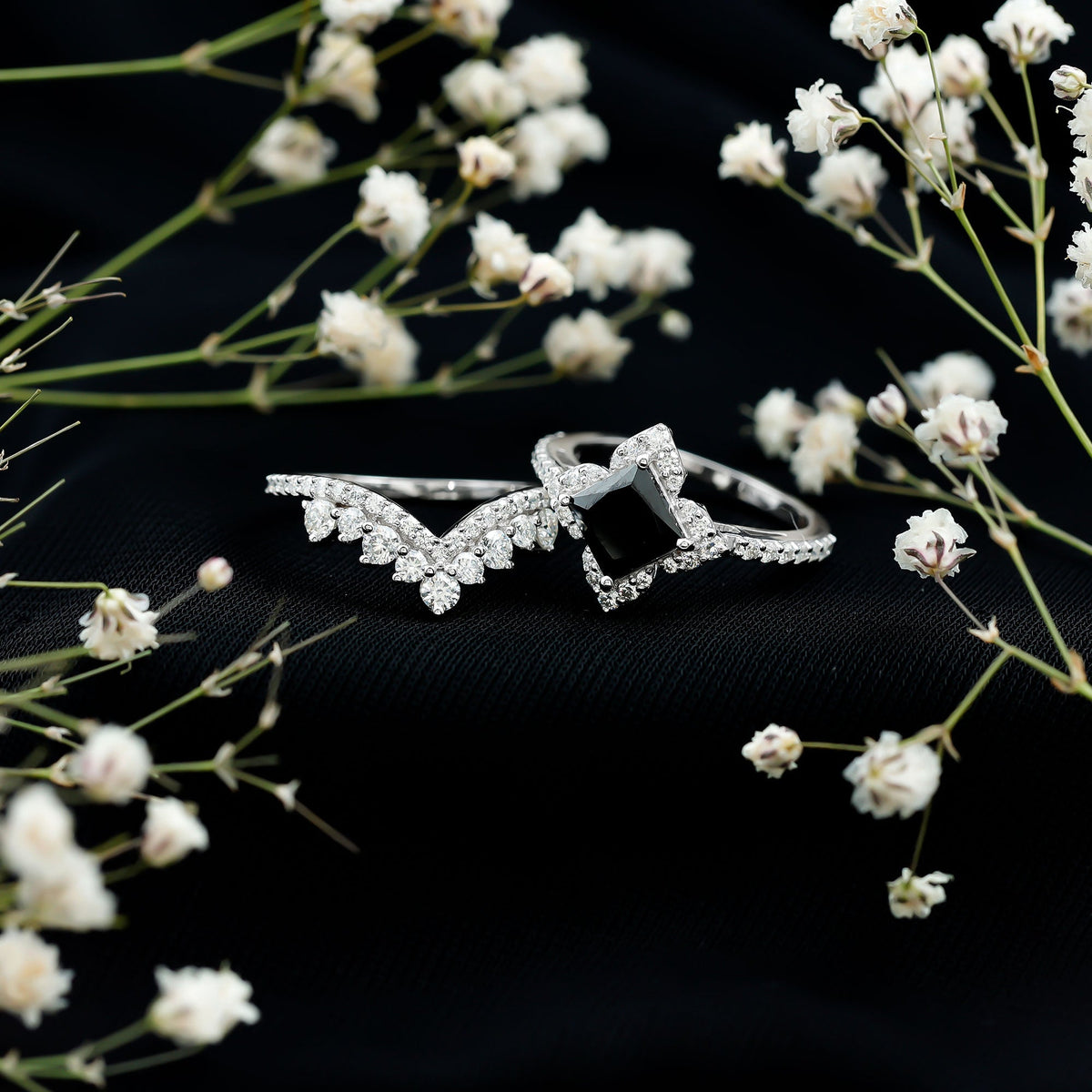 Conjunto de anillos de boda de ónix negro y moissanita de 0,5 quilates