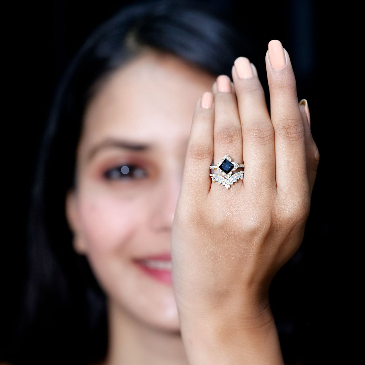 Conjunto de anillos de boda de ónix negro y moissanita de 0,5 quilates