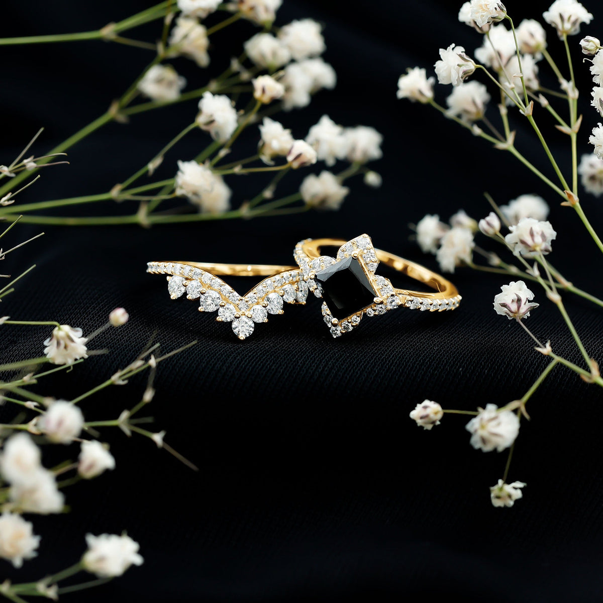 Conjunto de anillos de boda de ónix negro y moissanita de 0,5 quilates