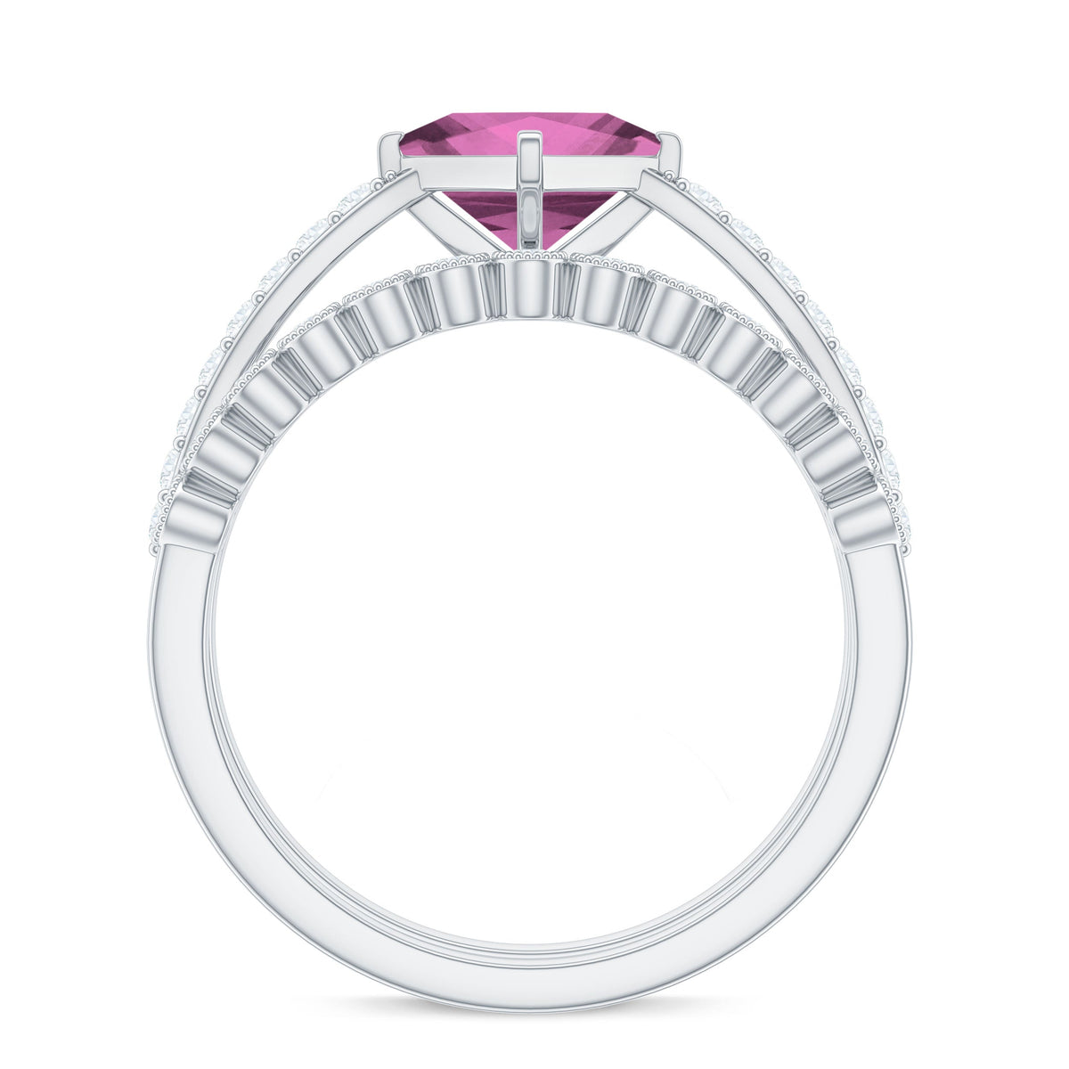1 Carat Princess Cut Pink Tourmaline Ring with Diamond Wedding Band